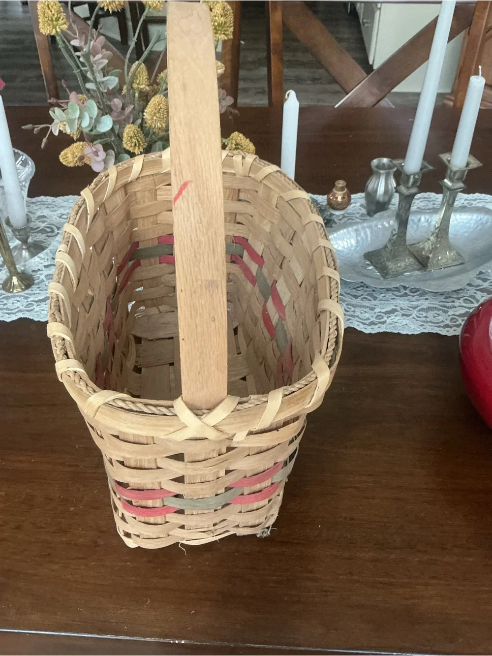 Vintage Woven Splint Market Gathering Basket Dyed Red Green Band Farmhouse Decor